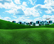 Blue City with Green Grass and Clouds