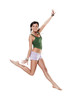 Young emotional woman jumping, isolated on white
