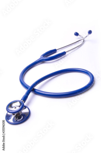 Photo: one blue stethoscope with isolated white background. one blue stethoscope with isolated white background.