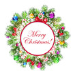 Christmas wreath with snow-covered branches of Christmas tree.