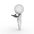 3d rendered illustration of a little guy with a tablet pc