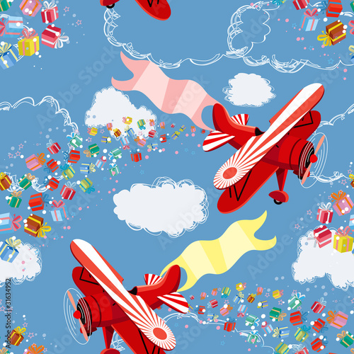Vector: Background with biplane throwing gifts Background with biplane throwing gifts