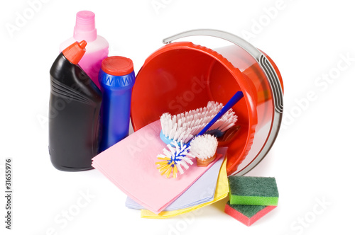 Photo: Assortment of means for cleaning isolated Assortment of means for cleaning isolated