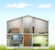 House cut with interiors on against the sky