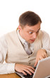 man working with laptop on white background