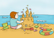 bambina costruisce un castello di sabbia sulla spiaggia