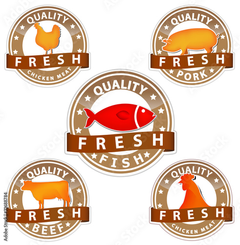 Vector: pork beef chicken and fish quality meat sign pork beef chicken and fish quality meat sign