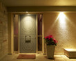 Illuminated modern house door and flower pot