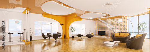 Illustration: Modern apartment interior panorama 3d render Modern apartment interior panorama 3d render