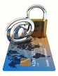 Credit card ,arobase sign and a padlock on white background