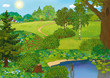 forest landscape with meadows and a lake in summer