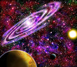 Bright star with planets on a background of spiral  galaxies
