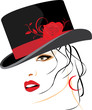 Portrait of beautiful woman in a elegant hat with red rose Portrait of beautiful woman in a elegant hat with red rose