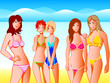 Smiling bikini girls at the summer beach