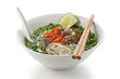 Pho bo , Vietnamese rice noodle soup with sliced rare beef