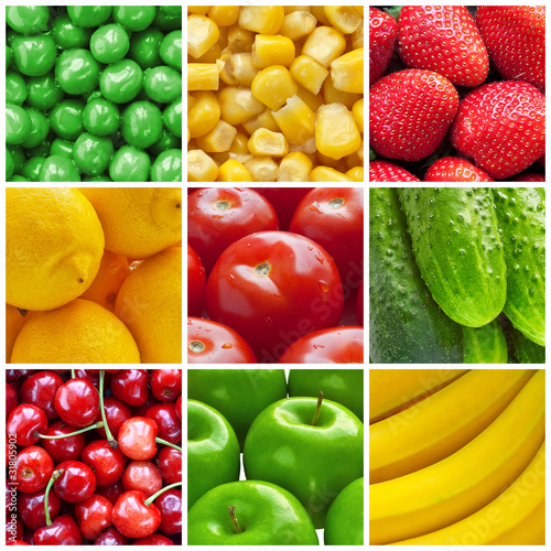 Photo: Fresh fruits and vegetables collage Fresh fruits and vegetables collage