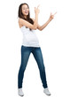 Portrait of beautiful casual girl pointing up Portrait of beautiful casual girl pointing up