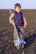 Little boy to dig on field with big shovel, looking to camera