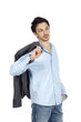 Photo: Model holding jacket on his shoulder Model holding jacket on his shoulder