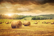Field of freshly bales of hay with beautiful sunset