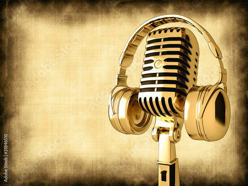 Illustration: Microphone with headphones on old background Microphone with headphones on old background