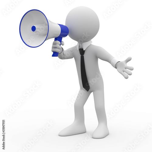 Illustration: Man talking on a white and blue megaphone Man talking on a white and blue megaphone