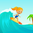 Vector: Cartoon cute little girl surfing on waves Cartoon cute little girl surfing on waves