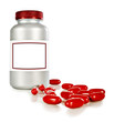a Bottle of red pills  on a white background