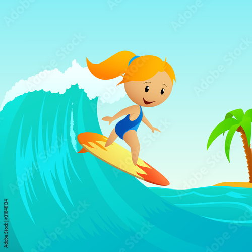 Vector: Cartoon cute little girl surfing on waves Cartoon cute little girl surfing on waves