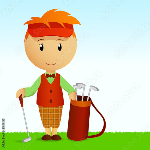 Vector: Cartoon young man with bag of golf clubs Cartoon young man with bag of golf clubs