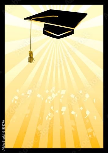 Vector: Graduation mortar card in yellow spotlight. Graduation mortar card in yellow spotlight.