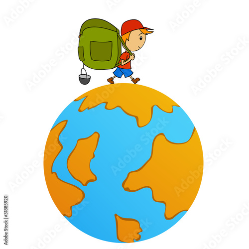 Vector: Cartoon travel man with backpack around world Cartoon travel man with backpack around world