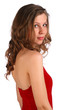 Attractive girl looks above shoulder.