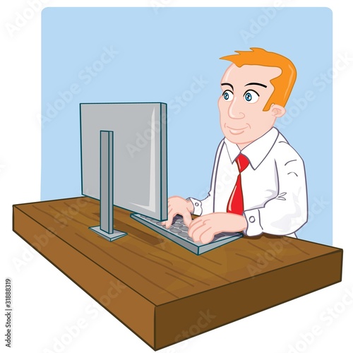 office desk cartoon. Cartoon office worker at his desk