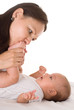 mom stands and holds the baby