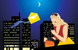Woman with a mobile telephone and bag on the background of city