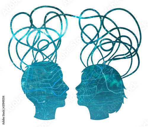 Illustration: Abstract blue silhouette of couple heads, friendship concept Abstract blue silhouette of couple heads, friendship concept