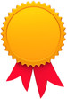 Award medal blank golden with red ribbon. Winner badge