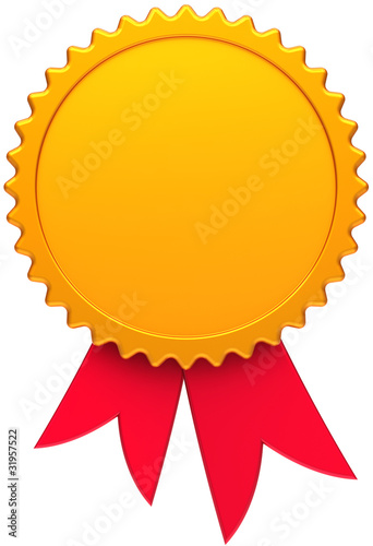 Illustration: Award medal blank golden with red ribbon. Winner badge Award medal blank golden with red ribbon. Winner badge