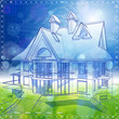 Ecology architecture design: house, plans & blue-green bokeh bac