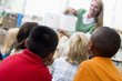 Kindergarten teacher reading to children in library
