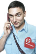 Young man in shirt with valentine answering the phone