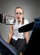 Surprised girl looking inside unzipped pants