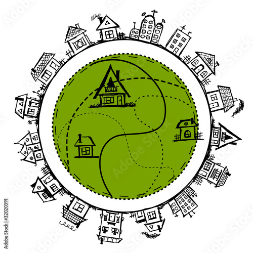 Vector: Happy village, frame with houses for your design Happy village, frame with houses for your design