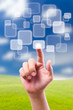 hand pushing button on blue sky hand pushing button on blue sky