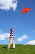 Child in summer starts air serpent in blue sky