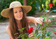 jolie jeune femme qui s'occupe des rosiers
