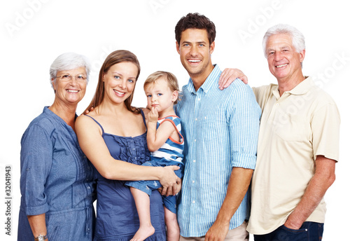 Foto: Beautiful extended family portrait on white background Beautiful extended family portrait on white background