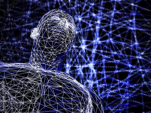 Illustration: 3d futuristic man wire frame in binary network 3d futuristic man wire frame in binary network