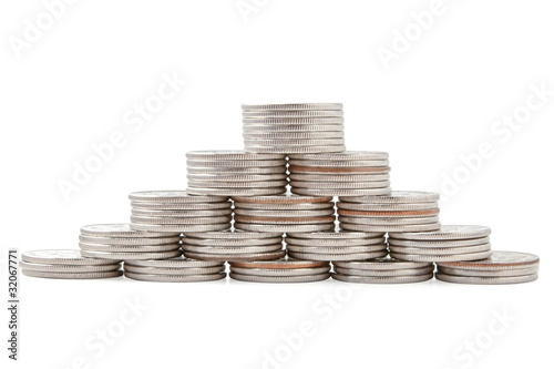 Photo: Coin pyramid on white background Coin pyramid on white background